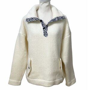 J CREW VINTAGE FLEECE IVORY WHITE SNAP COLLAR LEOPARD TRIM SHERPA PULLOVER - S